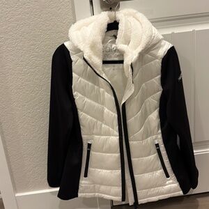 Calvin Klein Performance, Womens Hooded Faux-Fur-Lined Black White L Jacket